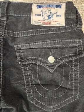True Religion Corduroy Straight Pants Mens 32x34 Black Flap Pocket Thick Stitch